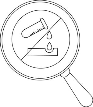 Magnifying glass focuses on a symbol test tube drips material erosion and a diagonal line indicating a warning vector