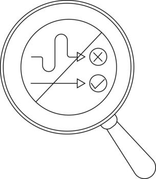A magnifying glass magnifies a diagram with X and check mark circles and arrows bisected by a diagonal line vector