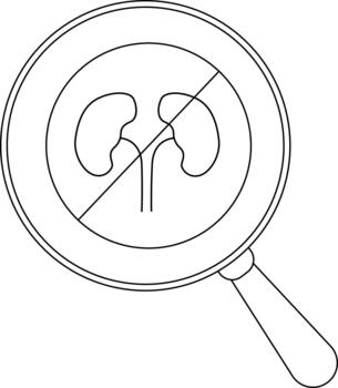 A magnifying glass focuses on kidneys with a prohibition symbol crossing over them suggesting a medical or health issue vector