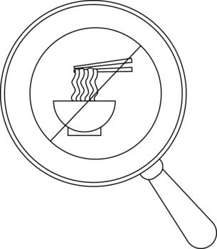 A magnifying glass frames a symbol prohibiting noodles in a bowl with chopsticks crossed out by a diagonal line vector