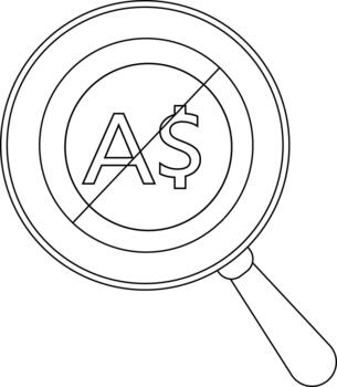A magnifying glass frames the letters A and crossed out by a line The entire image is in black and white vector