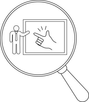 A figure points towards a bordered image of a snapping hand all encircled by a magnifying glass vector