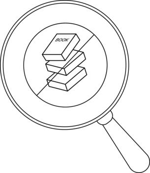 A magnifying glass focuses on a stack of books crossed out with a line vector