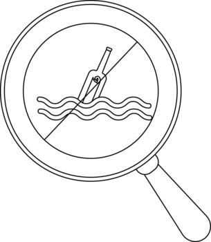 A line art icon shows a bottle in waves inside a circle with a diagonal line held within a magnifying glass frame vector