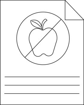 A piece of paper with an apple inside a circle with a line through it Underneath are three lines vector