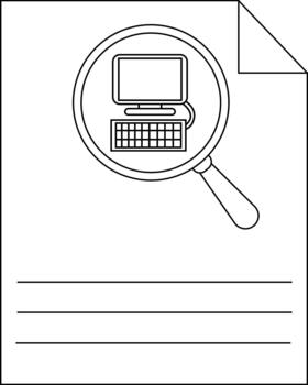 A magnifying glass is shown on a document over a computer There are three lines near the bottom of the paper vector