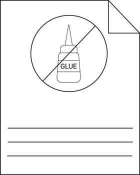 A paper sheet with a no glue symbol on top and three lines at the bottom A folded page corner on the top right vector