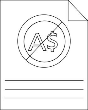 A sheet with an A symbol crossed out Three horizontal lines at the bottom Corner peeled back at the top vector