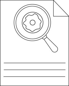 A magnifying glass focuses on a donut on a sheet of paper with lines vector