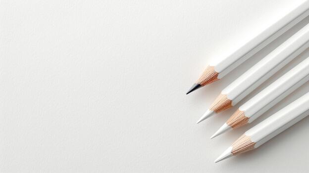 conjunto de blanco lapices con negro y blanco consejos arreglado en texturizado blanco papel superficie, creando limpiar y minimalista artístico escena foto