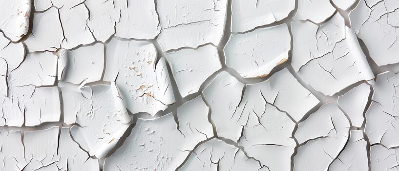 Weathered wall with peeling paint and cracks that create abstract pattern of irregular shapes and textures in white tones photo