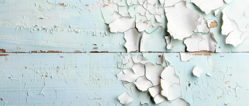Weathered wall with peeling paint and cracks that reveal wood underneath, showing texture and aged surface with soft blue and white tones photo
