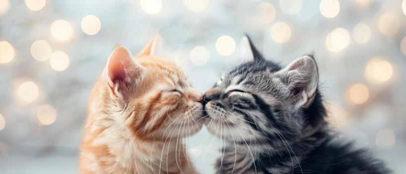 Two adorable kittens rubbing noses in cozy setting with soft bokeh lights, symbolizing affection and gentle connection photo