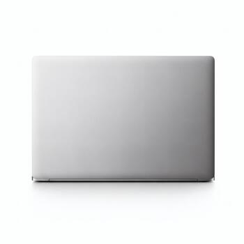 A modern and sleek silver laptop computer shown closed from a top-down view, isolated on a clean white background with a subtle shadow photo