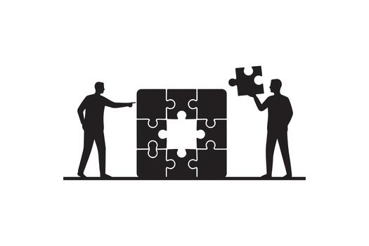 Two Men Assembling Jigsaw Puzzle Silhouette Business Teamwork and Problem Solving Concept vector