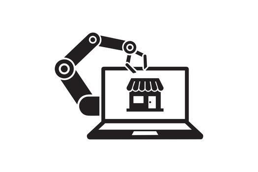 automatizado mi comercio negocio icono con robótico brazo artificial inteligencia gerente digital Al por menor tienda vector