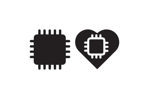 pastilla y corazón forma tecnología íconos UPC procesador y digital amor símbolo vector