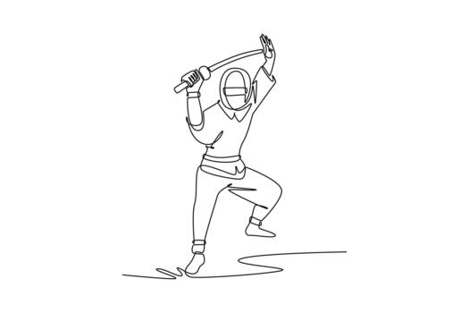 Continuous one line drawing man ninja in mask standing on stance, raising katana sword high for powerful overhead strike, illustrating focus action. Single line draw design graphic illustration vector