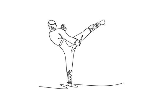 Single one line drawing active man ninja balancing on one leg executing high kick towards the side illustrating dynamic action and martial arts. Continuous line draw design graphic illustration vector
