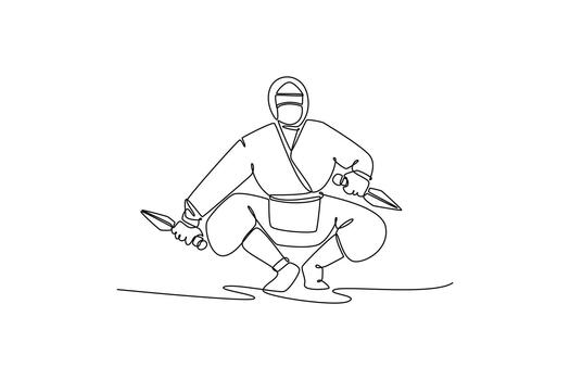 Single one line drawing man ninja poised in a deep squatting stance, holding twin daggers ready to attack, illustrating stealth, focused action. Continuous line draw design graphic illustration vector