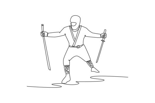 Single continuous line drawing man ninja poised in wide combat stance, wielding twin swords in wide guard, illustrating dynamic combat, focused action. One line draw graphic design illustration vector