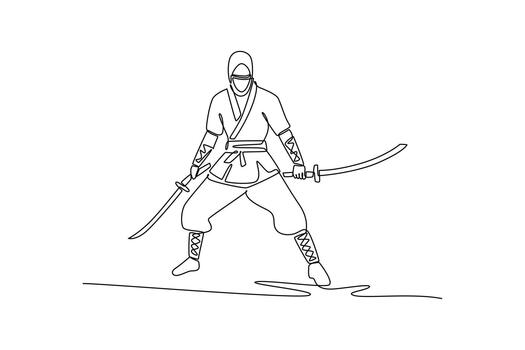 Single continuous line drawing man ninja poised in wide combat stance wielding twin swords in ready guard, illustrating dynamic combat, focused action. One line draw graphic design illustration vector