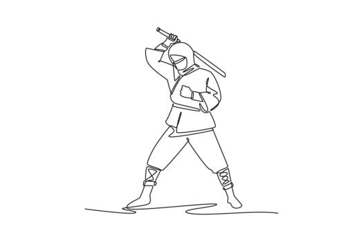 Single one line drawing man ninja poised in wide combat stance, drawing a katana sword for a dynamic strike, illustrating focused action. Modern continuous line draw design graphic illustration vector