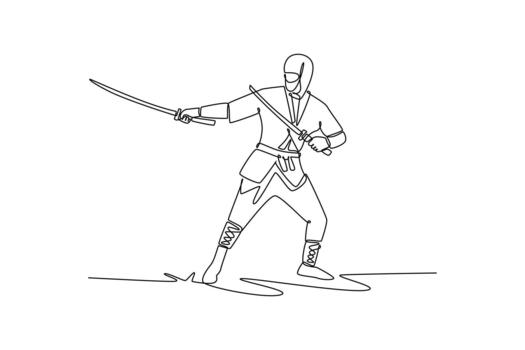 Single continuous line drawing man ninja poised in wide stance, wielding twin katanas in defensive guard, illustrating dynamic combat, focused action. One line draw graphic design illustration vector