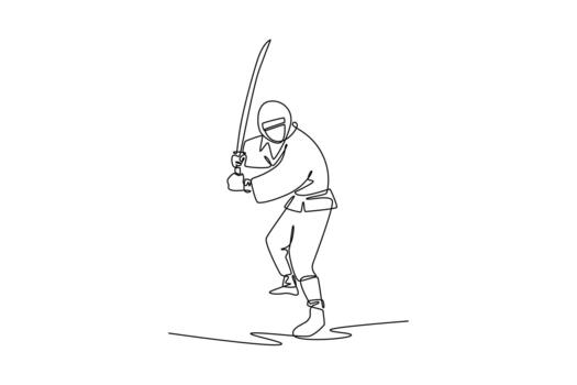 Continuous one line drawing man ninja in a mask crouched low, preparing a powerful overhead strike with a katana sword, illustrating dynamic action. Single line draw design graphic illustration vector