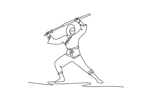 Continuous one line drawing man ninja in mask poised in wide combat stance, wielding staff overhead, illustrating dynamic combat and focused action. Single line draw design graphic illustration vector