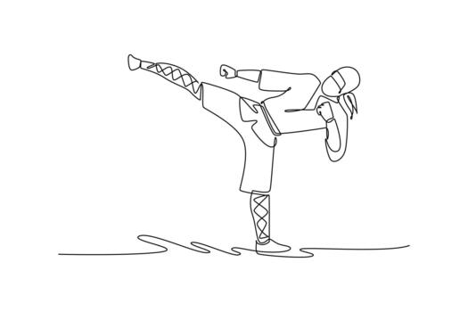 Single one line drawing active man ninja balancing on one leg executing powerful side kick, illustrating dynamic action and martial arts. Modern continuous line draw design graphic illustration vector