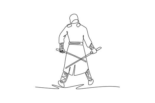 Single continuous line drawing man ninja seen from the back poised in wide stance wielding twin katana, illustrating dynamic combat and focused action. One line draw graphic design illustration vector