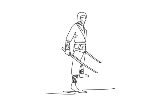 Single continuous line drawing man ninja standing straight on his leg, wielding twin katanas, illustrating dynamic combat and focused action. Dynamic one line draw graphic design illustration vector