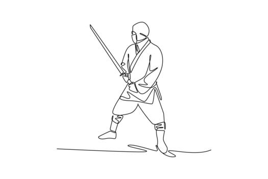 Continuous one line drawing man ninja in mask poised in wide combat stance, wielding katana sword in ready guard, dynamic combat and focused action. Single line draw design graphic illustration vector