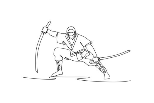 Single continuous line drawing man ninja poised low in wide stance wielding twin sharp katanas, illustrating dynamic combat and focused action. Dynamic one line draw graphic design illustration vector