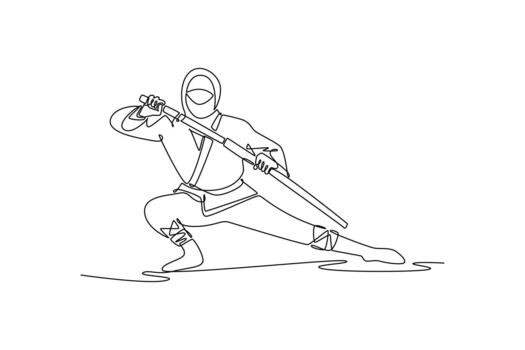 Continuous one line drawing man ninja in mask posed in deep bow stance, holding staff horizontally in ready guard, illustrating stealth and focused. Single line draw design graphic illustration vector