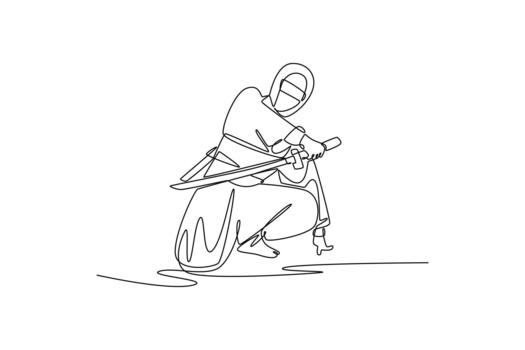 Single one line drawing active man ninja poised low in crouching stance, drawing a katana sword, illustrating stealth and focused action. Modern continuous line draw design graphic illustration vector