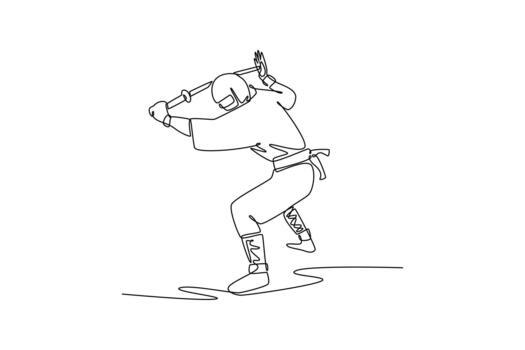 Continuous one line drawing man ninja in mask, crouched low, preparing a powerful overhead strike with a katana sword, illustrating dynamic action. Single line draw design graphic illustration vector
