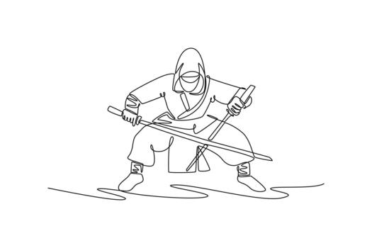 Single continuous line drawing man ninja poised in a deep horse stance, wielding twin katanas, illustrating dynamic combat and focused action. Dynamic one line draw graphic design illustration vector