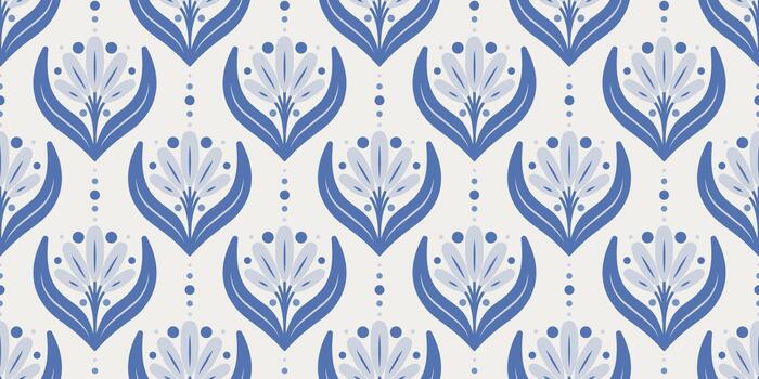 Abstract flower seamless pattern. Simple blue elements on Cloud dancer back, color of the year 2026 vector