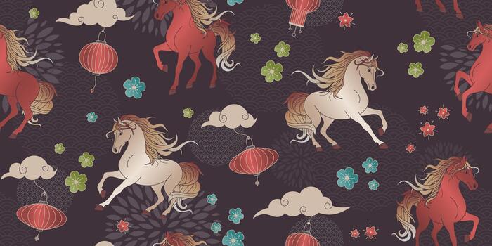 Unicorn pattern with flowers and lanterns vector