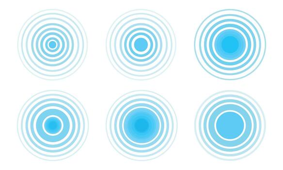 Set of blue concentric circles, spirals in cartoon style. Illustration of different local pain points, sound signals, radio waves, ripples, isolated on white background. vector