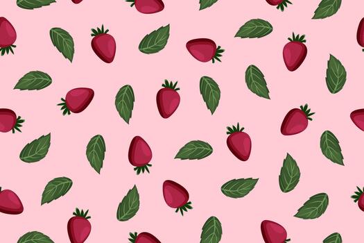 Summer seamless pattern with fresh strawberries and green leaves on a soft pink background. Bright, playful, and perfect for spring designs, packaging, textiles, and wrapping paper. vector