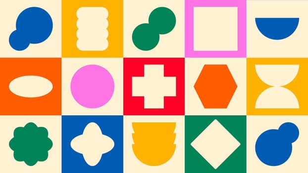 Collection of geometric graphic symbols and retro-futuristic design elements modular shapes, clean lines, minimal forms. Ideal for templates, stationery, posters, branding, stickers, cards. vector