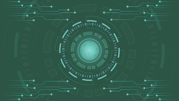 Green cyber security background featuring a glowing fingerprint scan with digital circles and circuit lines ideal for technology privacy biometrics authentication data safety and modern tech themes vector