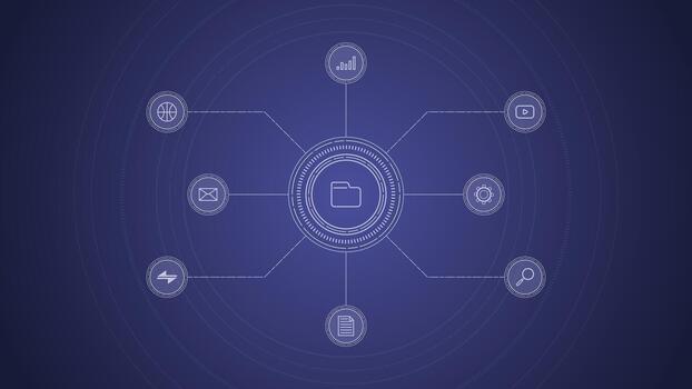 Modern digital file management background featuring a central folder icon with connected elements symbolizing data storage organization network flow and technology suitable for tech themed designs vector