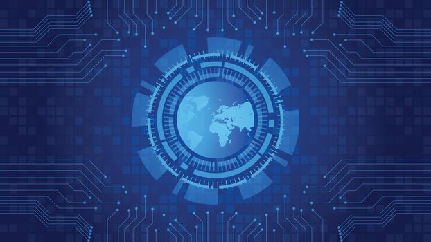 Blue global technology background featuring a digital world map inside a futuristic circular interface with circuit lines ideal for cyber themes data networks innovation and modern tech designs vector