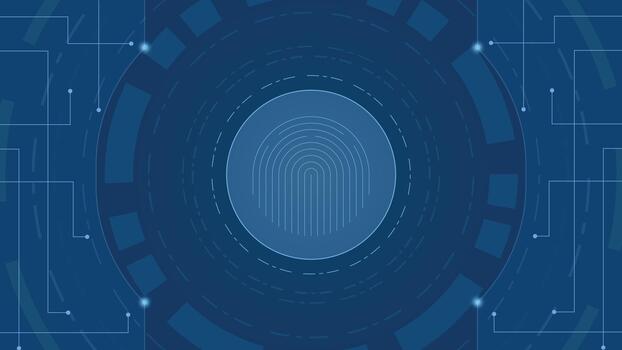 Blue cyber technology background featuring a glowing fingerprint scan with circular digital patterns and circuit lines ideal for security privacy biometrics data protection and modern tech themes vector
