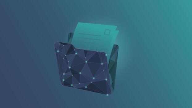 Modern digital folder illustration featuring polygon mesh shapes glowing nodes and gradient tones symbolizing data storage file management technology security and futuristic information design vector