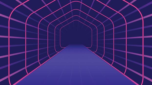 Futuristic neon tunnel background featuring glowing pink and purple lines with a deep perspective effect ideal for tech themes gaming designs digital art sci fi concepts and modern abstract visuals vector